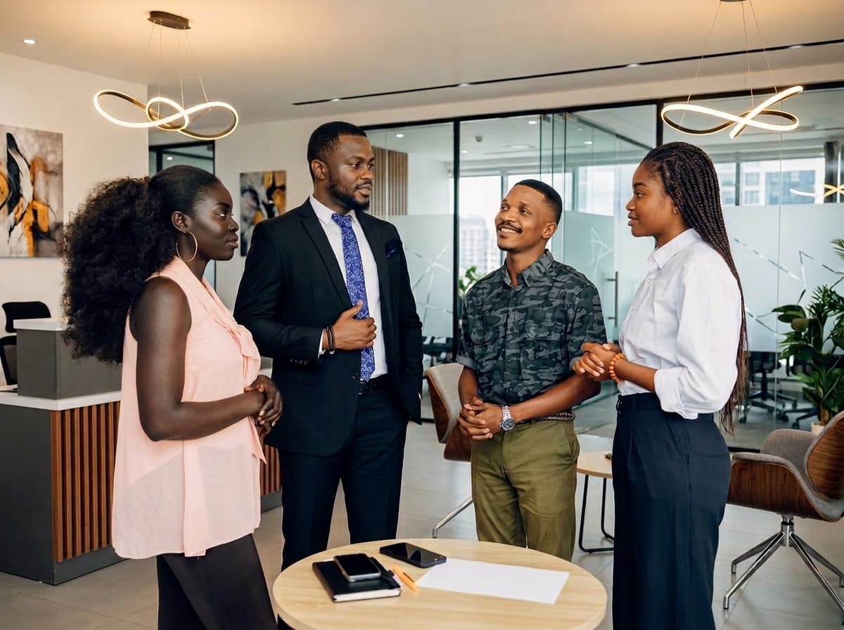 Colleagues talking together in a modern office
